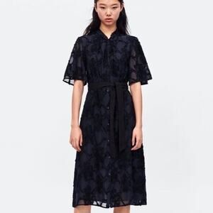 Zara Jacquard Fringe Lined Midi Dress ShortSleeve Keyhole S Dark Navy Blue #3101